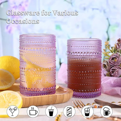 Purple Hobnail Glasses Drinking Set of 4, 12 oz Cocktail Glasses, Purple Vintage Glassware for Beer, Cocktail, Soda, Juice, Coffee and Various Mixed Drinks