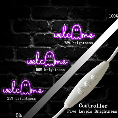 Welcome Ghouls Neon Sign, Spooky Ghost LED Halloween Decor, Haunted House Entryway Light, Available Gothic Haunted Mansion Light for Bedroom Bar Cave Room Decor Party Home-Purple
