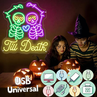 Skull Till Death Neon Sign, Halloween Wall Sign, Horror Decor Wall Skull Neon Sign Engagement Party Decor Til Death Do Us Party