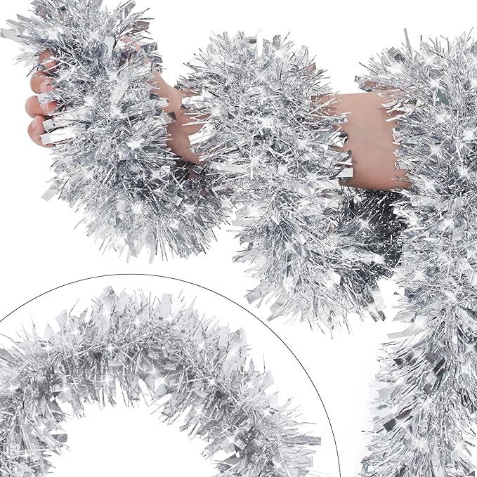 33FT Silver Tinsel Christmas Garland Metallic Twist Shiny Garland for Christmas Tree Decorations, Xmas Holiday Hanging Garland for Home Indoor Outdoor Party Supplies Decor