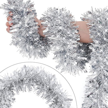 33FT Silver Tinsel Christmas Garland Metallic Twist Shiny Garland for Christmas Tree Decorations, Xmas Holiday Hanging Garland for Home Indoor Outdoor Party Supplies Decor