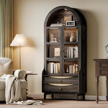 STO'SENSE 73" Tall Arched Bookshelf with LED Lights,4-Tier Modern Farmhouse Arched Bookcase with Glass Doors and Shelves,Wooden Display Cabinet with 2 Drawers for Living Room, Dining Room (Black)