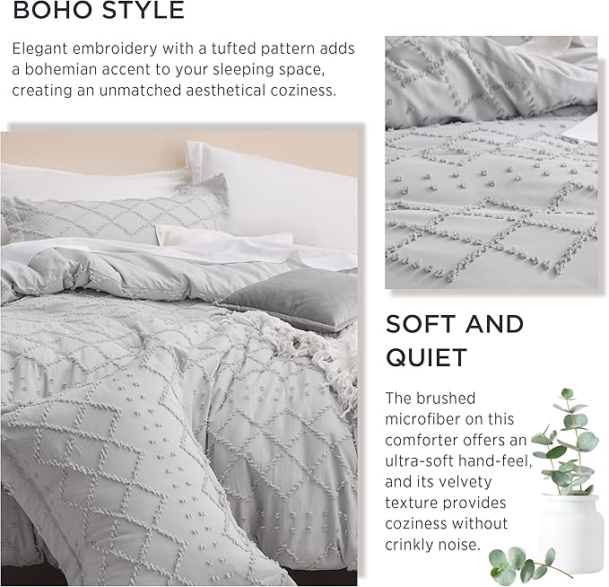 Bedsure Twin Comforter Set - Light Grey Comforter, Boho Tufted Shabby Chic Bedding for Kids, 2 Pieces Vintage Farmhouse Bed Set for All Seasons, Fluffy Soft Bedding with 1 Pillow Sham
