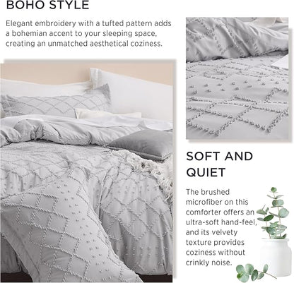 Bedsure Twin Comforter Set - Light Grey Comforter, Boho Tufted Shabby Chic Bedding for Kids, 2 Pieces Vintage Farmhouse Bed Set for All Seasons, Fluffy Soft Bedding with 1 Pillow Sham