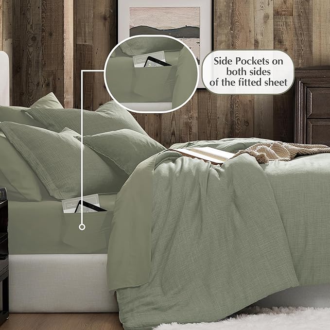 Geniospin Queen Comforter Set - 7 Pieces Comforter Queen Size, Solid Bedding Set for All Season, Textured Bed in a Bag with Sheets, Pillowcases and Shams (Sage Green, 90''x90'')