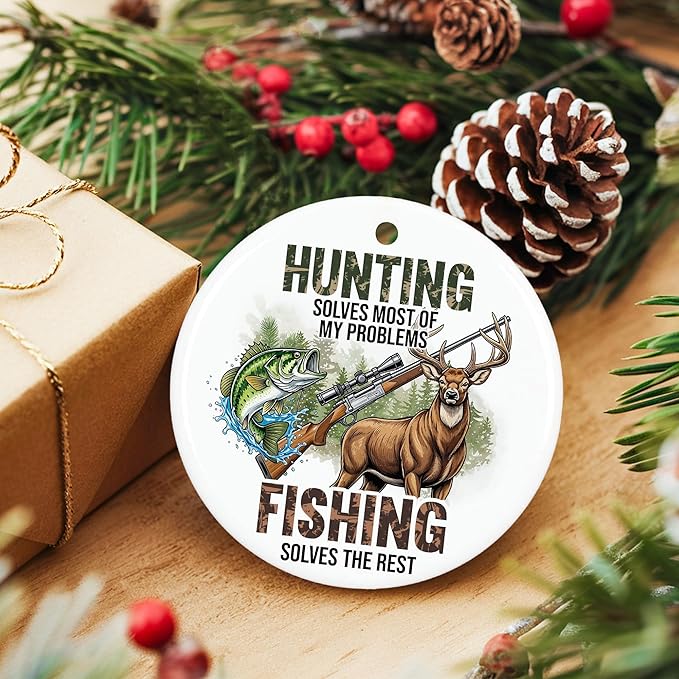 ZAGKOO Hunting Fishing Ornaments for Christmas Tree - Christmas Hunting Gifts for Deer Hunters, Fishing Themed Gifts - Wildlife Xmas Ornaments, Ceramic Xmas Tree Ornament Holiday Decor