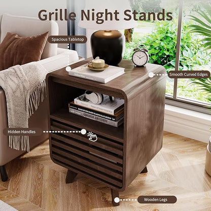 Fluted Night Stand NightstandGrille Bed Side Table End Table Large Modern Wide Bedside Stand Tall Night Stands for Bedroom Living Room Home Office, Dark Walnut
