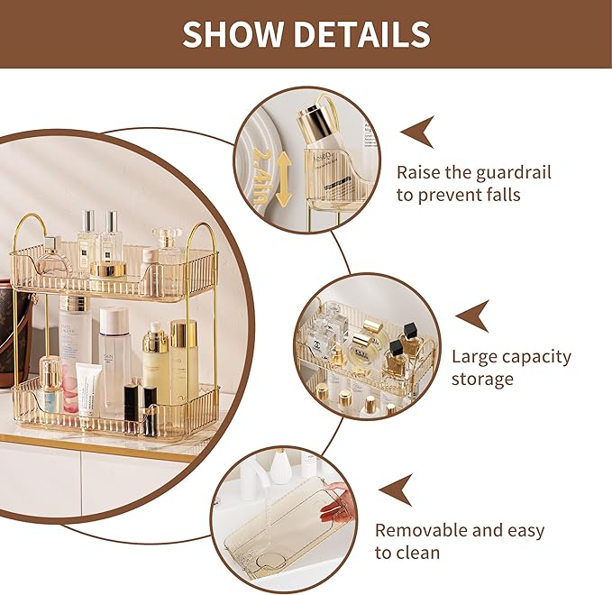 2 Tier Bathroom Organizer Countertop Makeup Perfume Skincare Organizer for Bathroom Dresser Vanity (Gold)