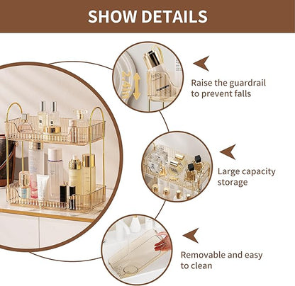 2 Tier Bathroom Organizer Countertop Makeup Perfume Skincare Organizer for Bathroom Dresser Vanity (Gold)