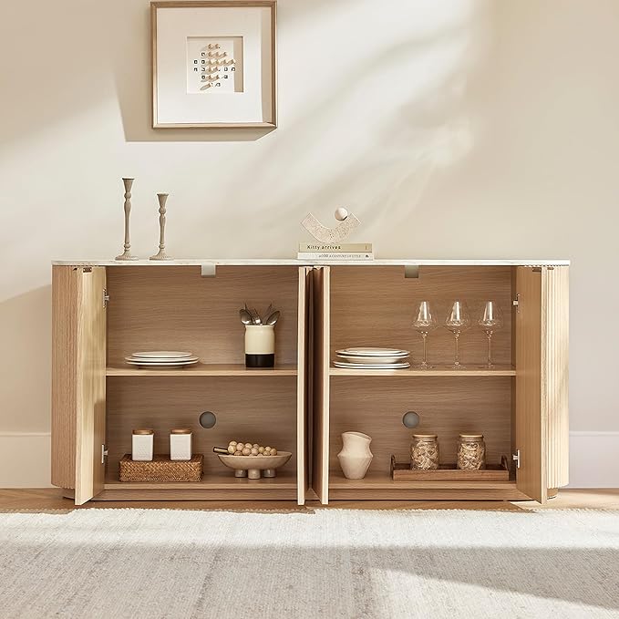 CHITA 70" Sideboard Buffet Cabinet with Storage, Living Room Accent Cabinet with Doors and Adjustable Shelves, for Bar, Kitchen, Oak - Faux Marble