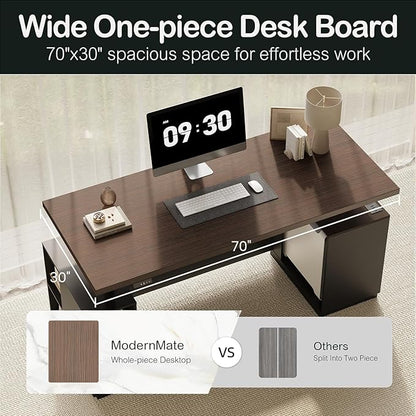 71" Standing Executive Desk with Privacy Panel, Large One-Piece Electric Height Adjustable Stand Up Desk with Charging Station, File Cabinet Storage, Home and Office, Black Walnut