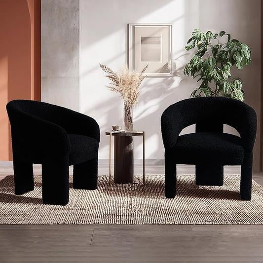Modern Accent Chairs Set of 2 Black Sherpa Round Barrel Armchairs Comfy Upholstered Lounge Chair for Living Room Bedroom Reading Chair Vanity Chair Comfy Office Waiting Room Chairs