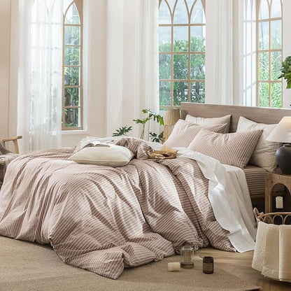 MooMee Striped Duvet Cover Set 100% Washed Cotton Linen Like Textured Breathable Durable Soft Comfy (Orange White Wide Stripes, Super King 108"x98")