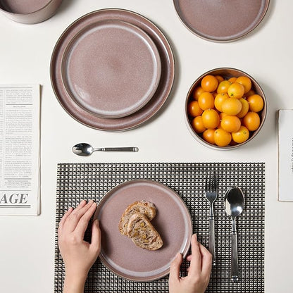 MONITO 12PCS Stoneware Plates and Bowls Set, Ceramic Dinnerware Sets, Service for 4, Chip and Scratch Resistant Dish Set, Microwave and Dishwasher Safe, Housewarming Party Holiday Gift, Vintage Brown