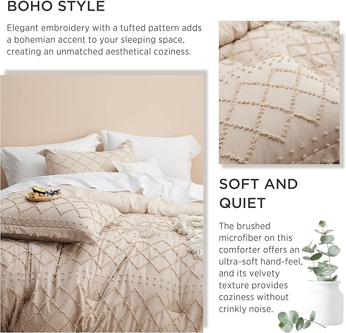 Bedsure Queen Comforter Set - Warm Tan Comforter, Boho Tufted Shabby Chic Bedding for Kids, 3 Pieces Vintage Farmhouse Bed Set for All Seasons, Fluffy Soft Bedding with 2 Pillow Shams