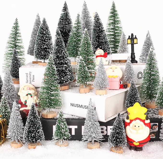 30Pcs Mini Christmas Trees - Artificial Christmas Tree Bottle Brush Trees with 5 Sizes, Snow Trees with Wooden Base for Christmas Party Home Table Craft Decor (Silver+Green+DarkGreen)