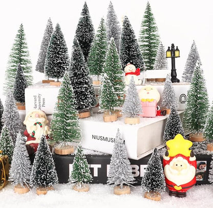 30Pcs Mini Christmas Trees - Artificial Christmas Tree Bottle Brush Trees with 5 Sizes, Snow Trees with Wooden Base for Christmas Party Home Table Craft Decor (Silver+Green+DarkGreen)