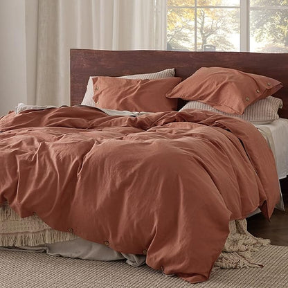 Bedsure Linen Duvet Cover Queen - Linen Cotton Blend Bedding Set, Soft & Cozy, 3 Pieces, 1 Duvet Cover 90x90 Inches and 2 Pillowcases, Burnt Orange Color Cooling Bedding, Comforter Sold Separately