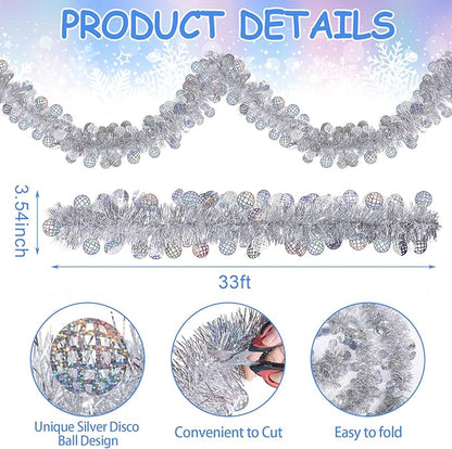 LOAVER 33 FT Christmas Silver Disco Ball Tinsel Garland,Metallic Tinsel Twist Garland Shiny Hanging Decoration for Christmas Tree Disco Party Home Supplies Staircase Railing Indoor Outdoor Decor