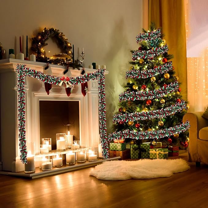 50 Feet Red & Green Metallic Twist Shiny Christmas Tinsel Garland for Tree & Home Decor