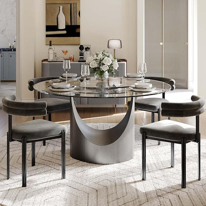 POVISON 51" Modern Round Dining with Lazy Susan Table for 4, Glass Tabletop Dining Table with Grey Carbon Steel Pedestal, Modern Dining Room Table for Kitchen, Living Room (Table Only)