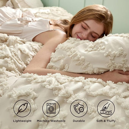 Bedsure Tufted Boho Comforter Set Twin Size - Beige Boho Bed Set, GentleSoft™ 2 Pieces Farmhouse Shabby Chic Embroidery Bedding, Gifts for Woman, Soft Jacquard Twin Comforter for All Seasons