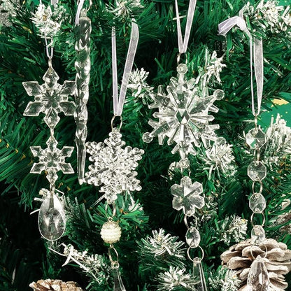 18pcs Christmas Tree Decoration Crystal Ornaments - Hanging Acrylic Christmas Snowflake Icicle Drop Crystal Ornaments for Xmas Tree Winter New Year Party Supplies