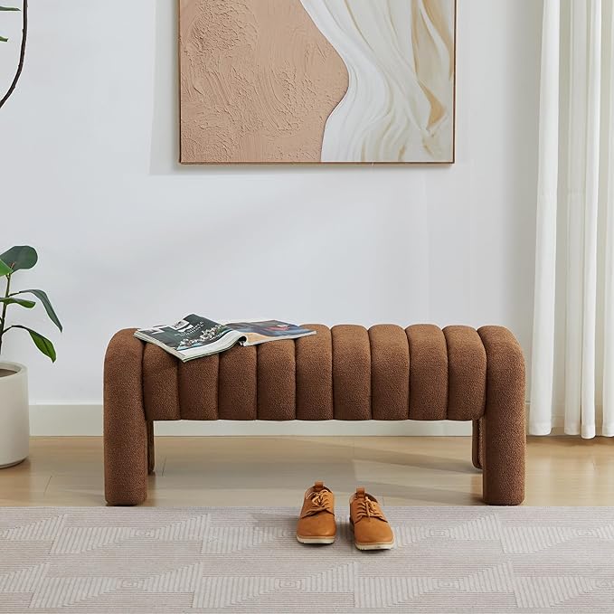 43’’ End of Bed Bench, Modern Boucle Entryway Bench, Upholstered Ottoman Stool with Full Coverage Fabrics, Ottoman for Bedroom, Living Room, Dining Room, Rust Brown
