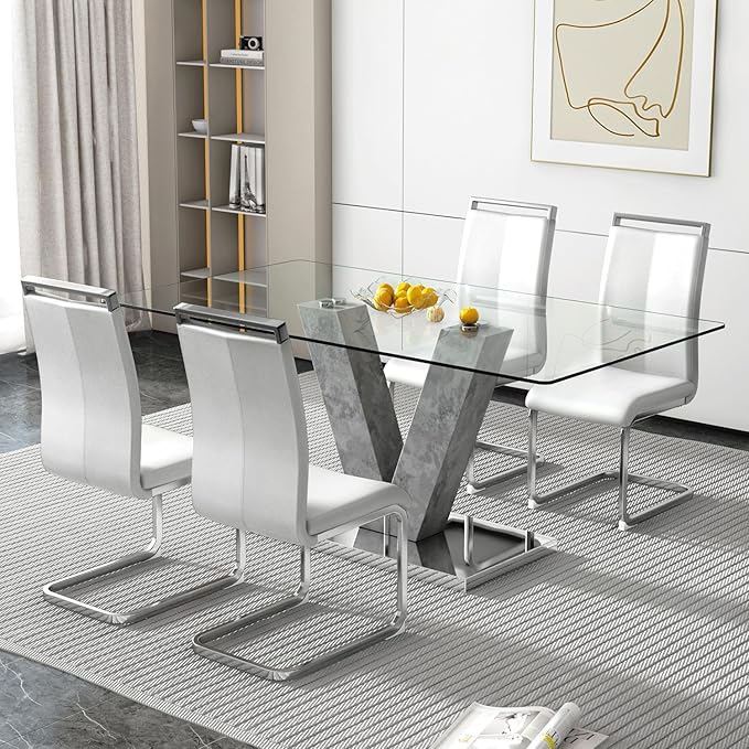 71" Glass Dining Table Set for 4, Kitchen Table and 4 PU Leather Chairs, Dining Table Set Ideal for Living Room