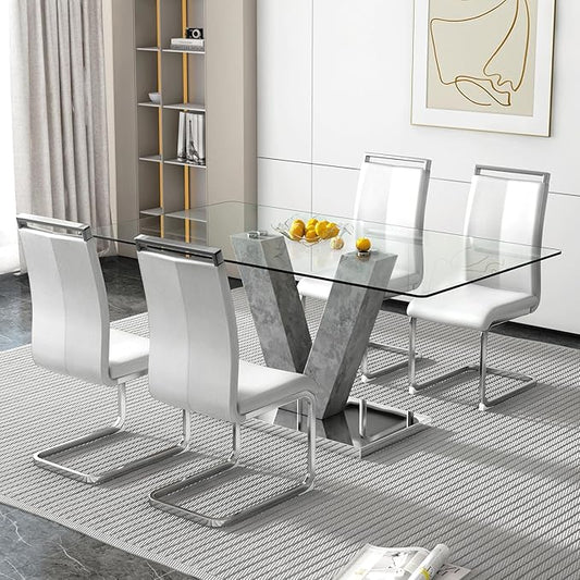 71" Glass Dining Table Set for 4, Kitchen Table and 4 PU Leather Chairs, Dining Table Set Ideal for Living Room