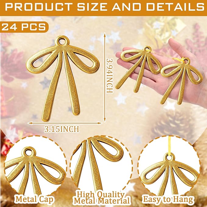 24 Pcs 2025 Christmas Metal Bow Ornaments Bulk for Christmas Tree Garland Wreath Fireplace Vintage Gold Bow Ornaments Indoor Outdoor Home Xmas Party Decorations