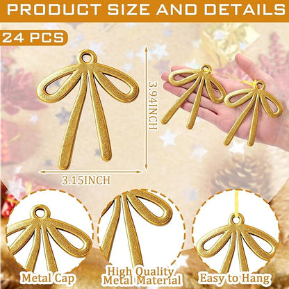 24 Pcs 2025 Christmas Metal Bow Ornaments Bulk for Christmas Tree Garland Wreath Fireplace Vintage Gold Bow Ornaments Indoor Outdoor Home Xmas Party Decorations