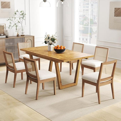 Farmhouse Rattan Dining Chairs Set of 6 Natural Wood Dining Room Chairs Rectangle Cane Country Kitchen Chairs Upholstered Wood Dining Chair for Dining Room, Cream Linen