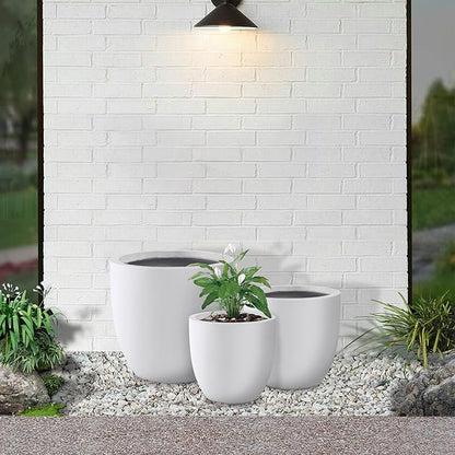 Kante 18",14",10" Dia Concrete Round Planters (Set of 3), Outdoor Indoor Large Planter Pots with Drainage Hole for Home Patio Garden, Pure White