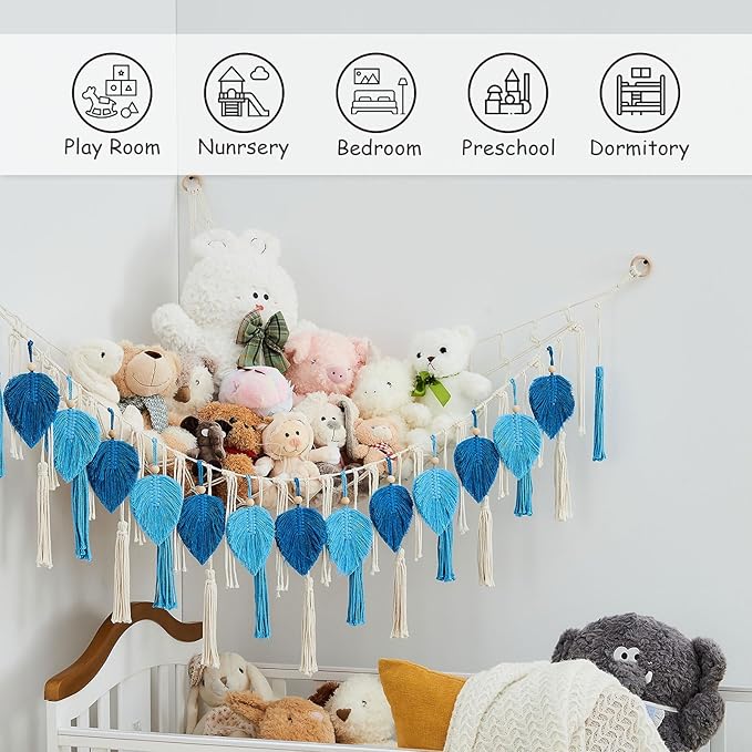 Pretty Jolly Stuffed Animal Storage with Hand Woven Leaf Tassels Hammock Corner Hanging Net Boho Macrame Storage for Kid Room Nursery Decor Wall Display for Girls Gift(Dark Blue&Lake Blue)