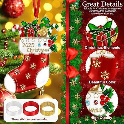 Christmas Stocking Ornament 2025 for Tree Decorations Stockings Gift, Metal Dated Ornaments 2025 Keepsake Yearly Hanging Ornaments for Xmas Tree Wreath Decor Holiday Party Supplies Snowflake