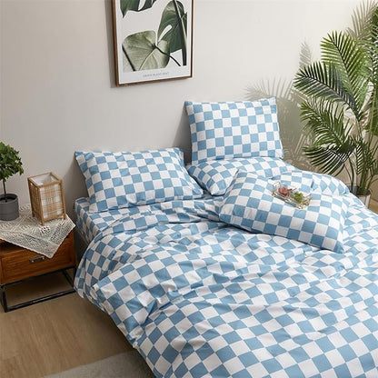 Pureant Blue and White Plaid Comforter Set California King Blue Checkerboard Grid Bedding Comforter Sets Blue Buffalo Grid Cal King Comforter for Women Men Soft Checkered Geomertic Comforter Sets