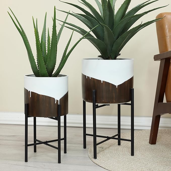 LuxenHome Modern Planter Pots, Set of 2 Planters for Indoor Plants, White and Brown Large Planters with Black Metal Stand, Flower Pots for Living Room, Office, Garden or Balcony, 10.25 & 12.5 Inch