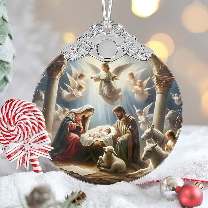 Nativity Christmas Ornaments, 3" Stained Glass Christmas Decor, Christian Ornaments for Christmas Tree, Christian Gifts for Kids, Religious Gifts for Women, Perfect for Holiday Party, Window, Tree