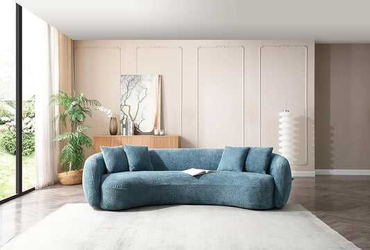 KEIKI 103" Boucle Half Moon Curved Sectional Sofa with 4 Throw Pillows, Modern 5-Seater Teddy Fleece Leisure Couch with Curved Backrest, Easy Assembly, for Apartment, Living Room, Bedroom, Blue