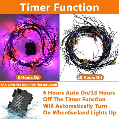 6 Ft 54 LED Halloween Willow Vine Twig Decor Garland with 8 Modes Timer 9 Pumpkins 9 Bats Waterproof Battery Operated Scary Halloween Decorations for Home Wall Mantle Fireplace Decor