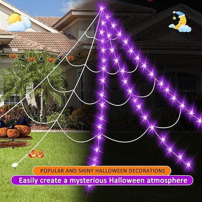 Halloween Decorations Outdoor, Spider Web Lights 250 LED Lighted Spider Web 16.4Ft Giant Halloween Decorations Light up, 8 Lighting Modes Waterproof & Timer for Indoor Haunted House Yard Decor, Purple