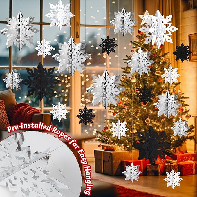 OuMuaMua Christmas Snowflake Decorations Indoor, 24PCS 3D Paper Snowflakes Hanging Ornaments Snowflake Garlands for Xmas Christmas Tree Winter Wonderland New Year Party Home Decorations
