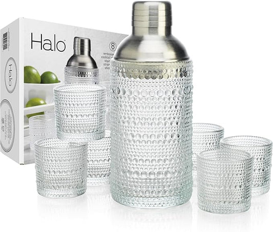 Glaver's Cocktail Shaker Set, Glass 15.2 oz Shaker, 6 Hobnail Shot Glasses, Stainless Steel Strainer Cap,Glass Shaker Set for Bars. Dishwasher Safe