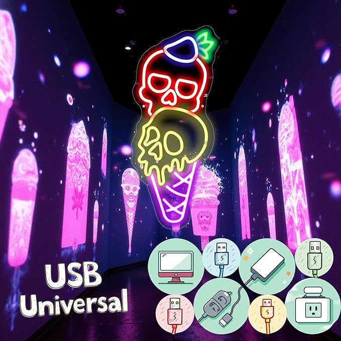 Ice Cream Skull Neon Sign, Quirky Gothic LED Wall Art,Skull Neon Light Ice Cream Neon Lighht Halloween Decor Wall Halloween Neon Sign Coffee Shop Decor, Christmas Party Bar Drink Shop-Red