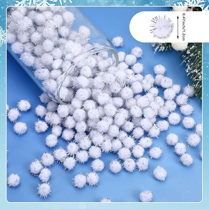 SEPGLITTER Christmas Pom Poms Balls, 1000 Pieces Light White Glitter Pompoms Pom Poms for Crafts Making DIY Holiday Christmas Decorations Supplies (0.4 inch/1 cm )