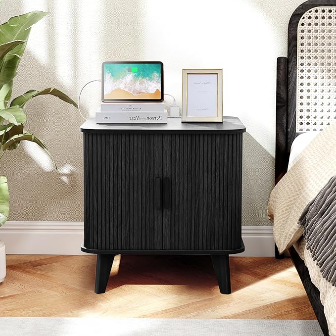 24 Inch Wood Nightstands Set of 2, Mid-Century Modern End Table with Charging Station 2AC+3USB, BedSide Table with Storage & Sliding Door (2XSquare, Black)