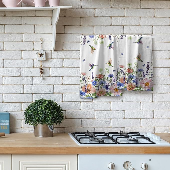 Spring Floral Hand Towels 2 Pack Hummingbird Butterfly Guest Fingertip Towels Soft Absorbent Kitchen 14x28