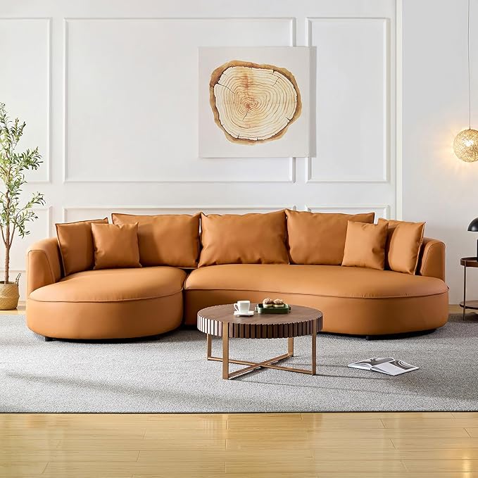 128.7'' Luxury Simple L Shape Curved Modular Sofa Modern Leather Sofa 5 Seater Fabric Eco Leather Sofa Full Grain Leather Sofas for Living Room Apartment Office (Leather+Left Facing, Orange)