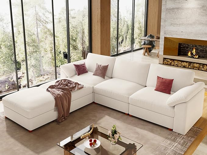 EASE MOOSE Oversized Modular Sectional Sofa, FSC Certified Extra Large U Shape Sectional Cloud Couch,Comfty Deep Modular Sofa with Ottoman,White